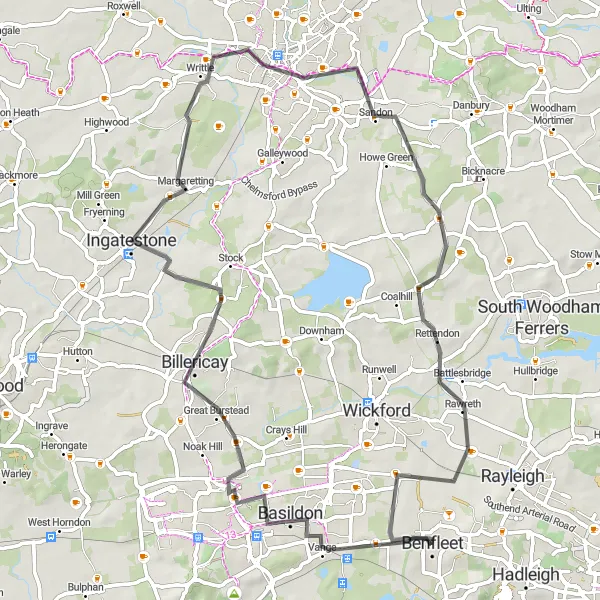 Map miniature of "Chelmsford Loop" cycling inspiration in Essex, United Kingdom. Generated by Tarmacs.app cycling route planner