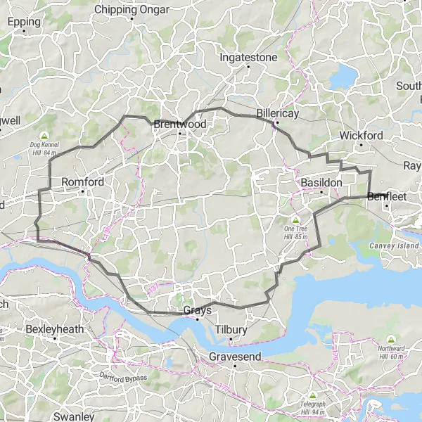 Map miniature of "Stanford-le-Hope to Bowers Gifford" cycling inspiration in Essex, United Kingdom. Generated by Tarmacs.app cycling route planner