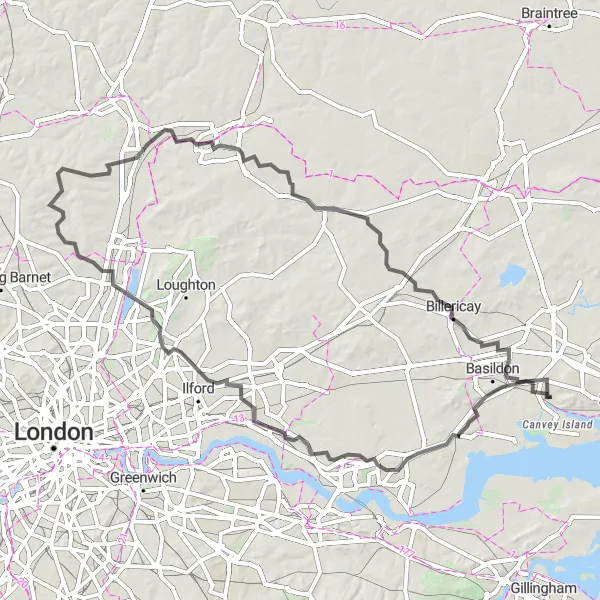 Map miniature of "Stanford-le-Hope to Bowers Gifford via Chipping Ongar" cycling inspiration in Essex, United Kingdom. Generated by Tarmacs.app cycling route planner