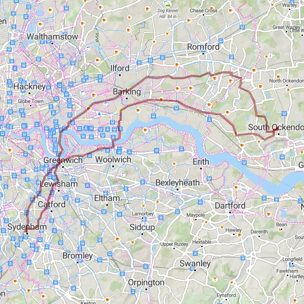 Map miniature of "The Urban Explorer" cycling inspiration in Essex, United Kingdom. Generated by Tarmacs.app cycling route planner