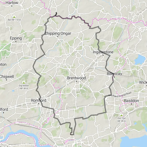 Map miniature of "The Essex Hills Challenge" cycling inspiration in Essex, United Kingdom. Generated by Tarmacs.app cycling route planner