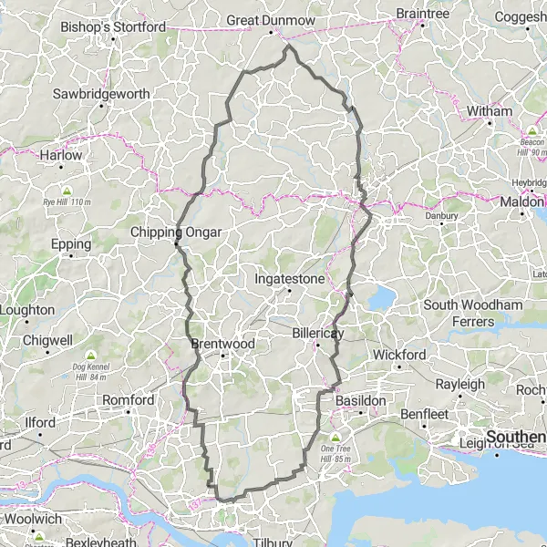 Map miniature of "The Historic Villages Route" cycling inspiration in Essex, United Kingdom. Generated by Tarmacs.app cycling route planner