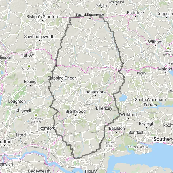 Map miniature of "The Countryside Adventure" cycling inspiration in Essex, United Kingdom. Generated by Tarmacs.app cycling route planner