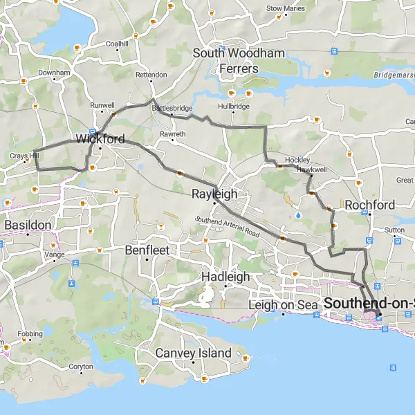 Map miniature of "Coastal Adventure" cycling inspiration in Essex, United Kingdom. Generated by Tarmacs.app cycling route planner