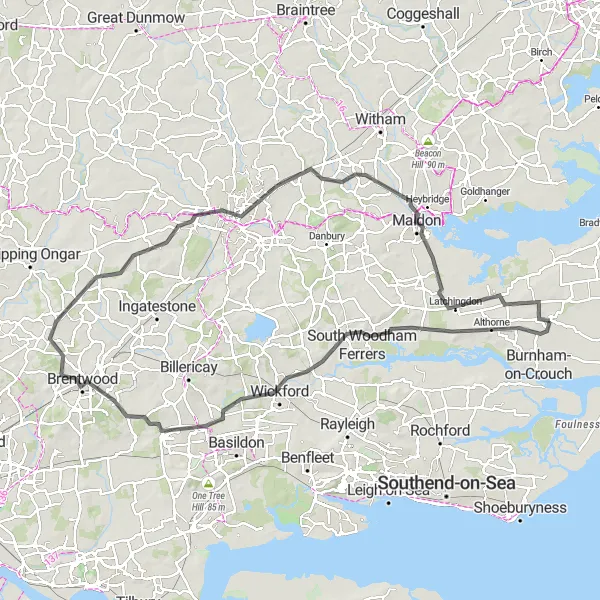 Map miniature of "The Essex Explorer" cycling inspiration in Essex, United Kingdom. Generated by Tarmacs.app cycling route planner