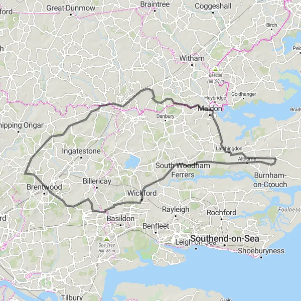 Map miniature of "The Essex Coastal Ride" cycling inspiration in Essex, United Kingdom. Generated by Tarmacs.app cycling route planner