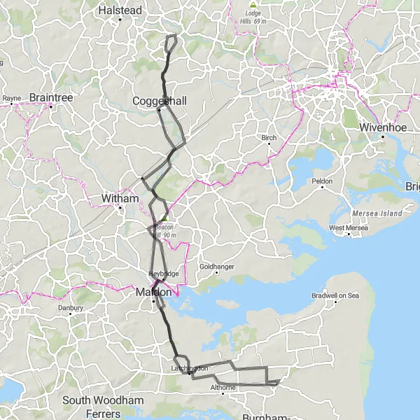 Map miniature of "The Chelmsford Countryside Loop" cycling inspiration in Essex, United Kingdom. Generated by Tarmacs.app cycling route planner