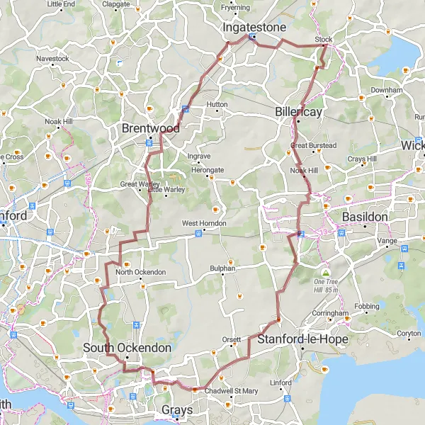 Map miniature of "Gravel Adventure in Essex" cycling inspiration in Essex, United Kingdom. Generated by Tarmacs.app cycling route planner