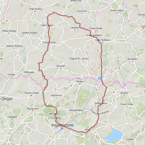 Map miniature of "Stock to Ingatestone and Chelmsford Gravel Route" cycling inspiration in Essex, United Kingdom. Generated by Tarmacs.app cycling route planner