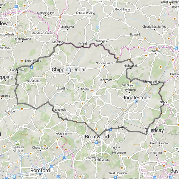 Map miniature of "Stock to Brentwood and Margaretting Road Route" cycling inspiration in Essex, United Kingdom. Generated by Tarmacs.app cycling route planner