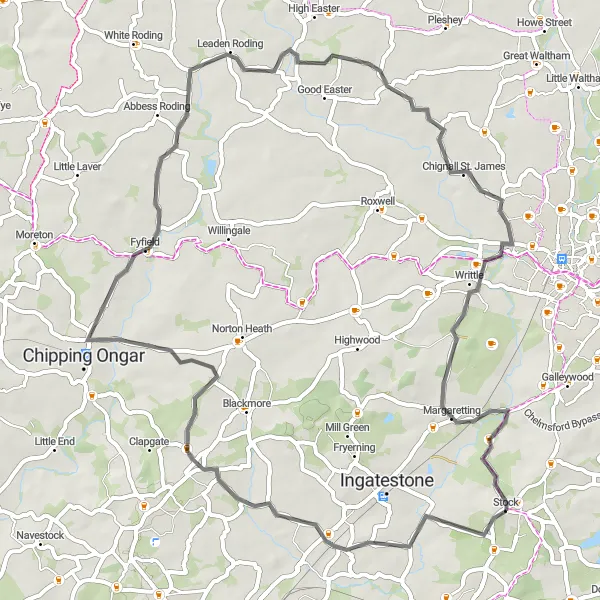 Map miniature of "Discovering Essex's Cultural Heritage" cycling inspiration in Essex, United Kingdom. Generated by Tarmacs.app cycling route planner