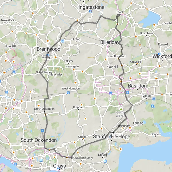 Map miniature of "The Rural Essex Ride" cycling inspiration in Essex, United Kingdom. Generated by Tarmacs.app cycling route planner