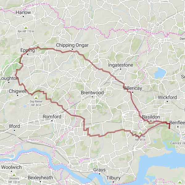 Map miniature of "The Gravel Adventure" cycling inspiration in Essex, United Kingdom. Generated by Tarmacs.app cycling route planner