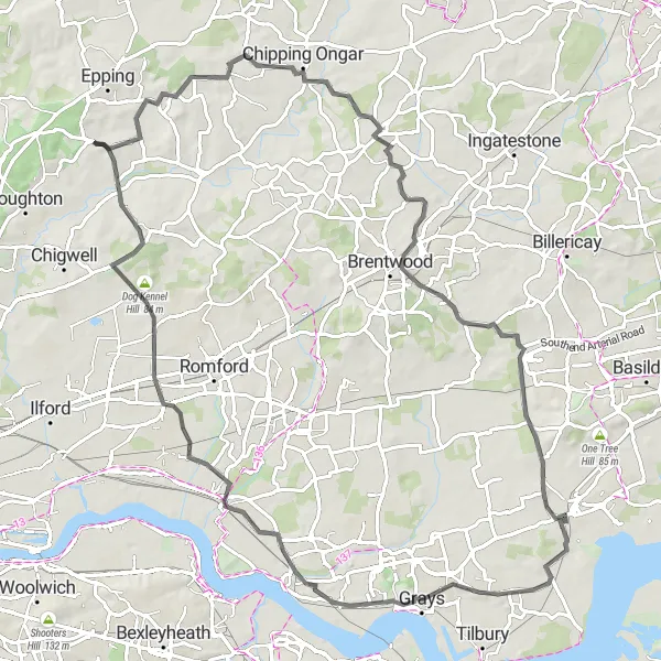 Map miniature of "The Essex Adventure" cycling inspiration in Essex, United Kingdom. Generated by Tarmacs.app cycling route planner