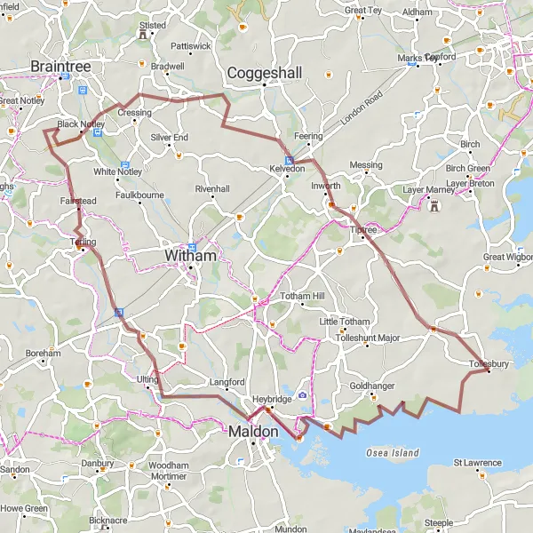 Map miniature of "Coastal Gravel Adventure" cycling inspiration in Essex, United Kingdom. Generated by Tarmacs.app cycling route planner