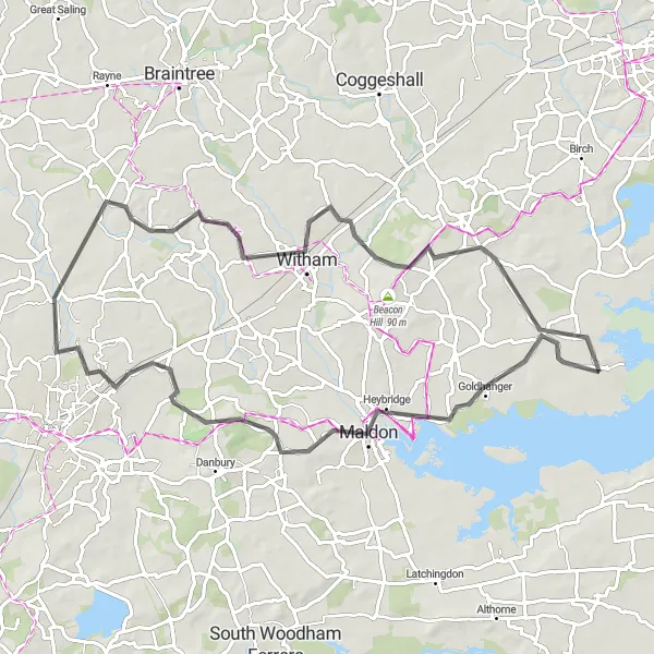 Map miniature of "Maldon and the Essex Coast" cycling inspiration in Essex, United Kingdom. Generated by Tarmacs.app cycling route planner