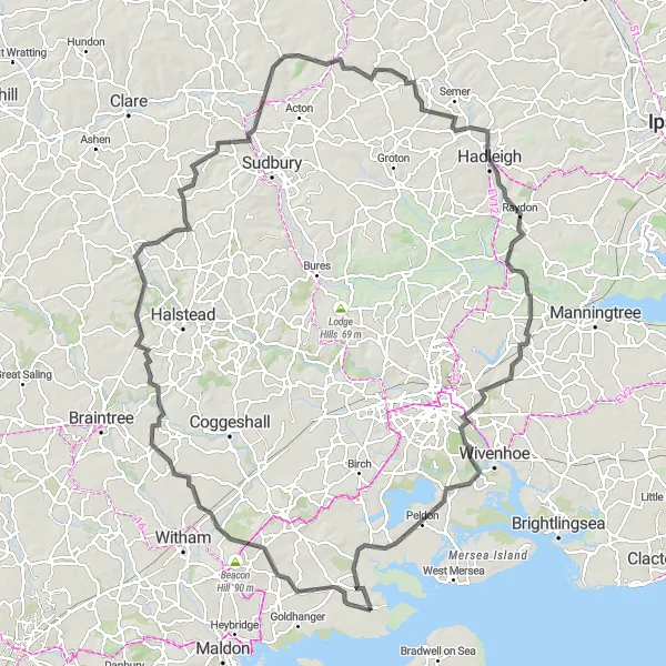 Map miniature of "Historic Castles and Villages" cycling inspiration in Essex, United Kingdom. Generated by Tarmacs.app cycling route planner