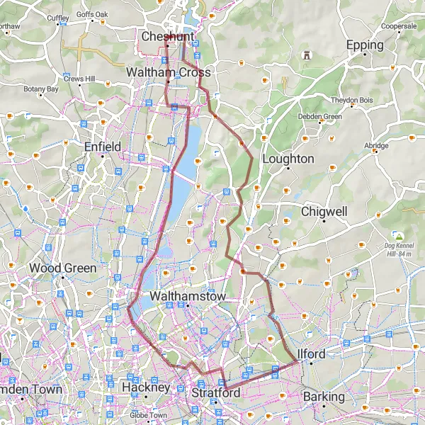 Map miniature of "Explore Enchanting Gravel Trails" cycling inspiration in Essex, United Kingdom. Generated by Tarmacs.app cycling route planner