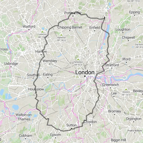 Map miniature of "London Landmarks and Rural Beauty" cycling inspiration in Essex, United Kingdom. Generated by Tarmacs.app cycling route planner