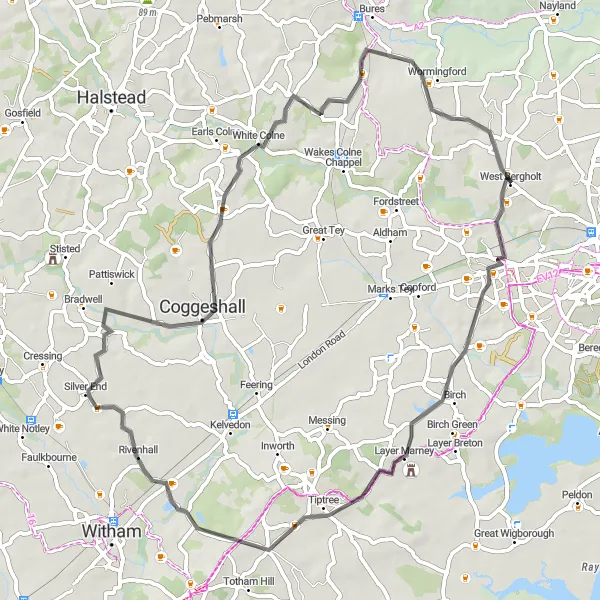 Map miniature of "Charming Essex Villages" cycling inspiration in Essex, United Kingdom. Generated by Tarmacs.app cycling route planner