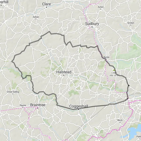 Map miniature of "Essex Countryside Delights" cycling inspiration in Essex, United Kingdom. Generated by Tarmacs.app cycling route planner