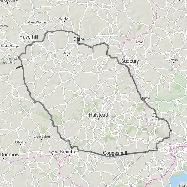 Map miniature of "Historical Essex Marvels" cycling inspiration in Essex, United Kingdom. Generated by Tarmacs.app cycling route planner