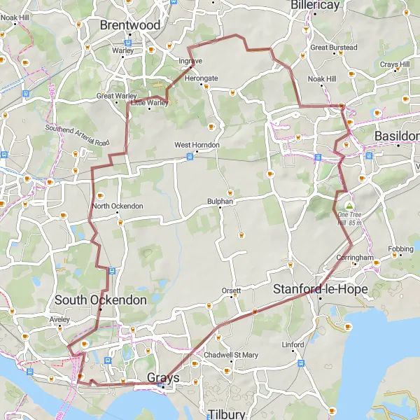 Map miniature of "West Thurrock to Grays Grind" cycling inspiration in Essex, United Kingdom. Generated by Tarmacs.app cycling route planner