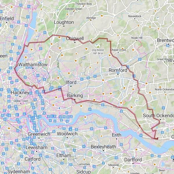 Map miniature of "The Gravel Adventure" cycling inspiration in Essex, United Kingdom. Generated by Tarmacs.app cycling route planner