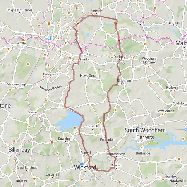 Map miniature of "Wickford and Beyond" cycling inspiration in Essex, United Kingdom. Generated by Tarmacs.app cycling route planner