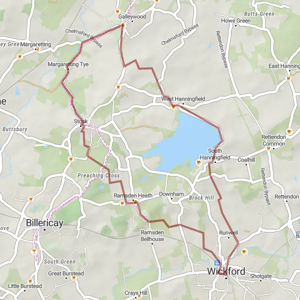 Map miniature of "Discover the Countryside around Runwell" cycling inspiration in Essex, United Kingdom. Generated by Tarmacs.app cycling route planner