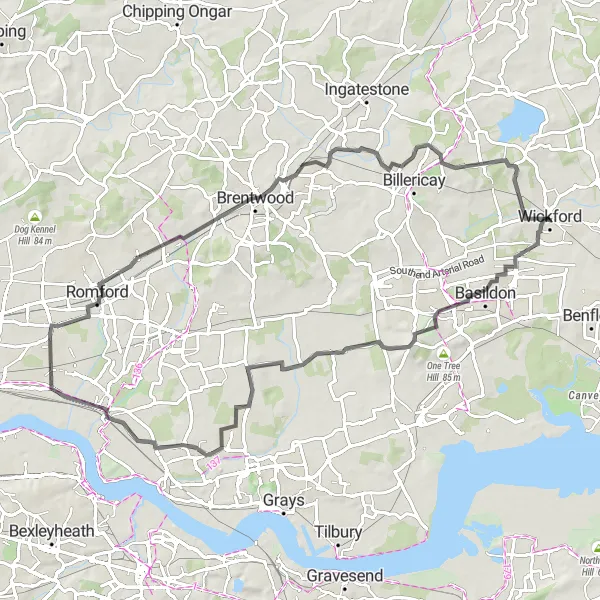 Map miniature of "Scenic Road Adventure to Brentwood" cycling inspiration in Essex, United Kingdom. Generated by Tarmacs.app cycling route planner