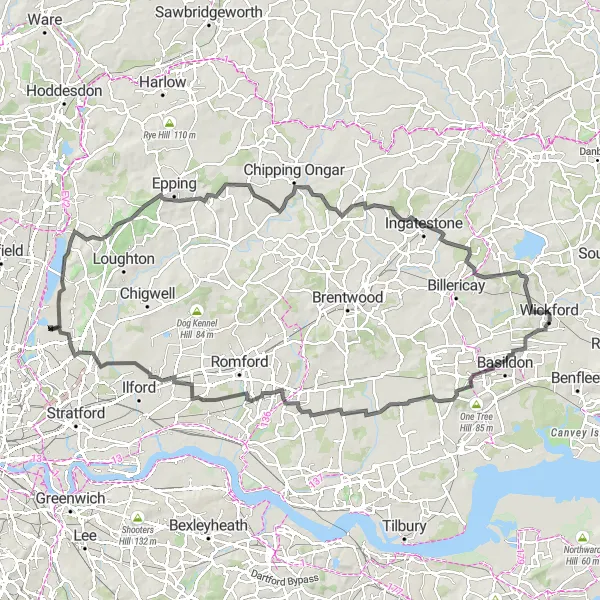 Map miniature of "Epic Road Journey to Epping" cycling inspiration in Essex, United Kingdom. Generated by Tarmacs.app cycling route planner