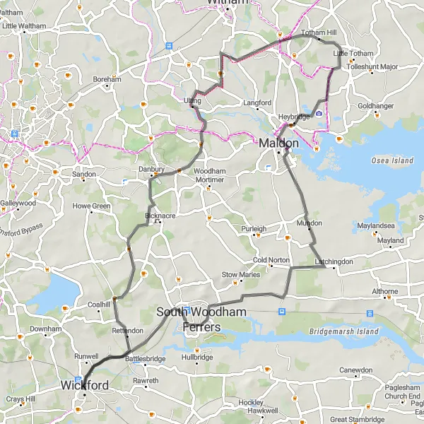 Map miniature of "Wickham Bishops Loop Road Cycling Adventure" cycling inspiration in Essex, United Kingdom. Generated by Tarmacs.app cycling route planner