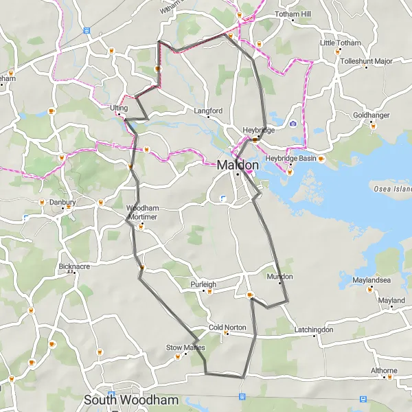 Map miniature of "Mundon, Woodham Mortimer, Ulting, and Wickham Round-Trip" cycling inspiration in Essex, United Kingdom. Generated by Tarmacs.app cycling route planner