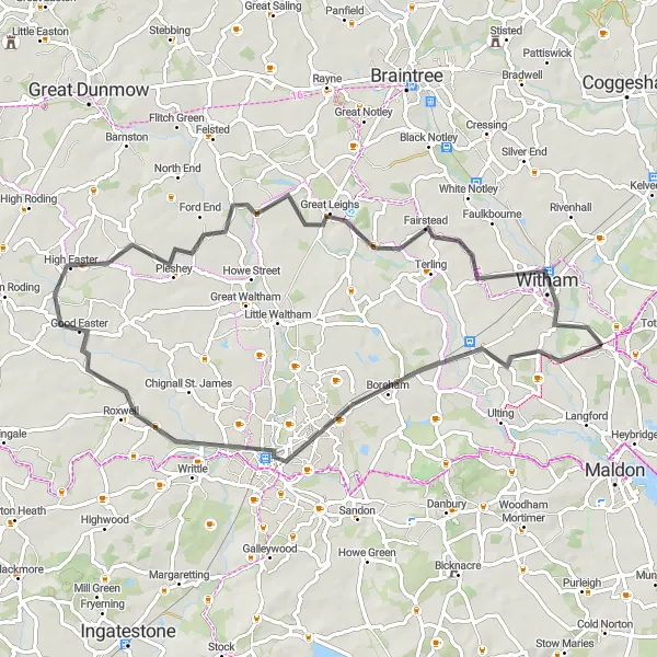 Map miniature of "Scenic Road Loop via Chelmsford" cycling inspiration in Essex, United Kingdom. Generated by Tarmacs.app cycling route planner