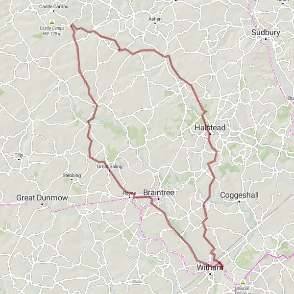 Map miniature of "Gravel Adventure: Witham to Castle Hedingham" cycling inspiration in Essex, United Kingdom. Generated by Tarmacs.app cycling route planner