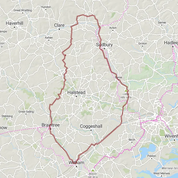 Map miniature of "Castle Hedingham Challenge" cycling inspiration in Essex, United Kingdom. Generated by Tarmacs.app cycling route planner