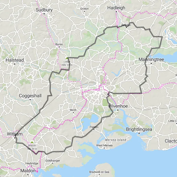 Map miniature of "The Road Challenge" cycling inspiration in Essex, United Kingdom. Generated by Tarmacs.app cycling route planner