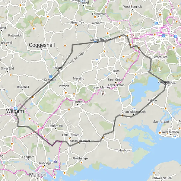 Map miniature of "Scenic Road Trip: Witham to Wickham Bishops" cycling inspiration in Essex, United Kingdom. Generated by Tarmacs.app cycling route planner