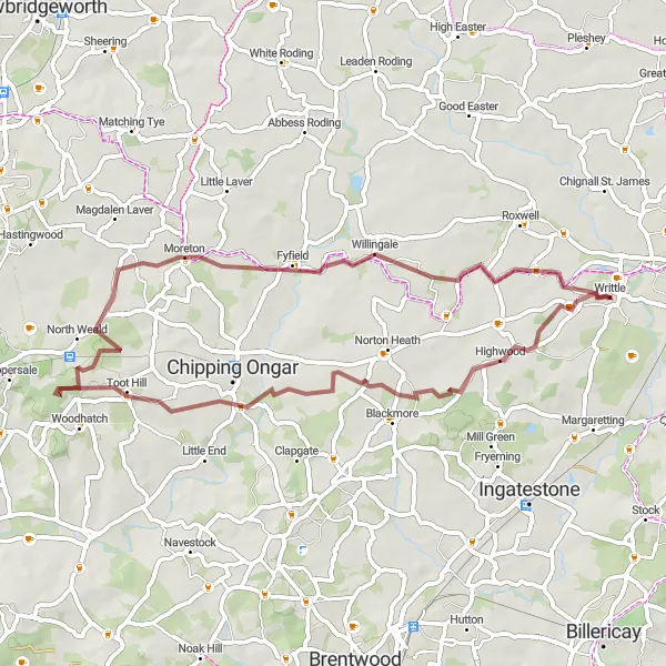 Map miniature of "Writtle to Nine Ashes and Willingale Gravel Route" cycling inspiration in Essex, United Kingdom. Generated by Tarmacs.app cycling route planner