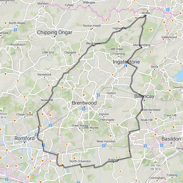 Map miniature of "The Buttsbury and Bulphan Loop" cycling inspiration in Essex, United Kingdom. Generated by Tarmacs.app cycling route planner