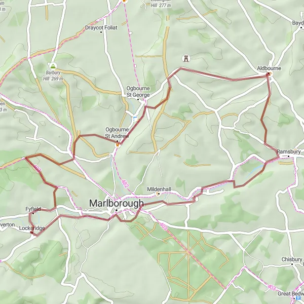 Map miniature of "Aldbourne Ruins Ride" cycling inspiration in Gloucestershire, Wiltshire and Bristol/Bath area, United Kingdom. Generated by Tarmacs.app cycling route planner