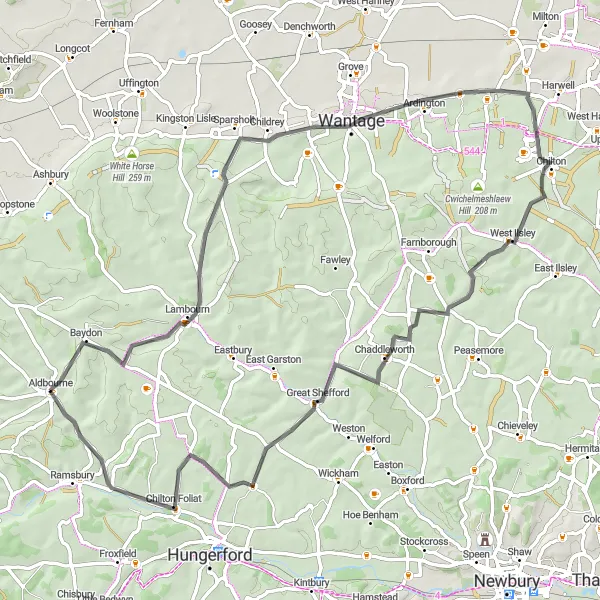 Map miniature of "Wiltshire Circuit via Baydon and Wantage" cycling inspiration in Gloucestershire, Wiltshire and Bristol/Bath area, United Kingdom. Generated by Tarmacs.app cycling route planner