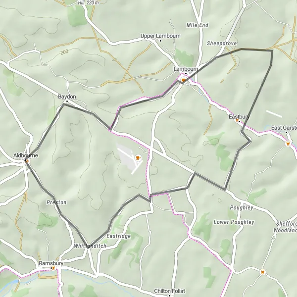 Map miniature of "Aldbourne Loop via Baydon and Lambourn" cycling inspiration in Gloucestershire, Wiltshire and Bristol/Bath area, United Kingdom. Generated by Tarmacs.app cycling route planner