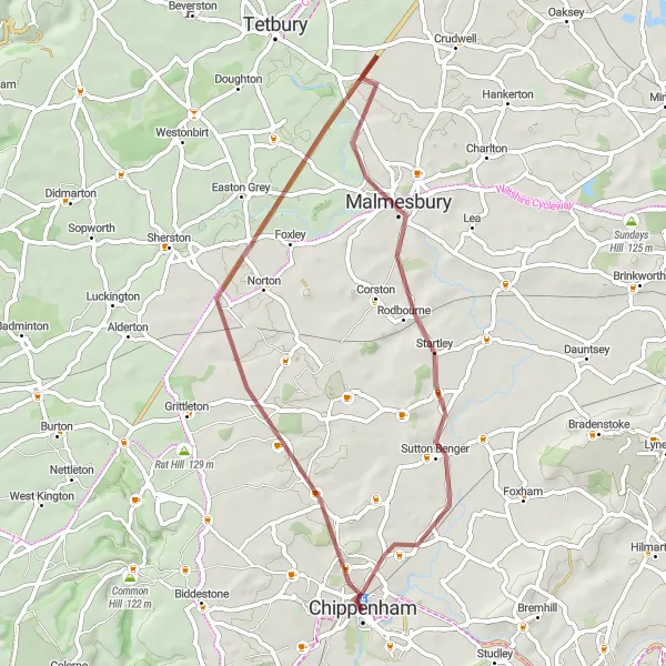 Map miniature of "Chippenham Gravel Adventure" cycling inspiration in Gloucestershire, Wiltshire and Bristol/Bath area, United Kingdom. Generated by Tarmacs.app cycling route planner