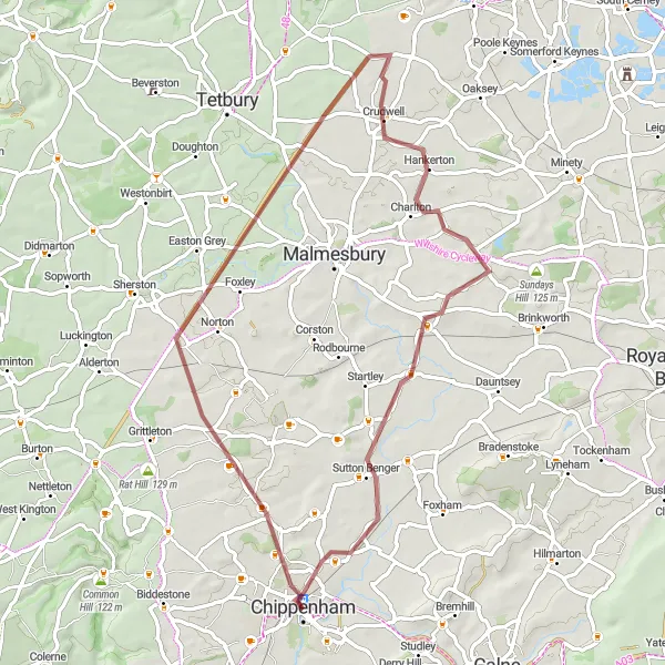 Map miniature of "Chippenham Gravel Loop" cycling inspiration in Gloucestershire, Wiltshire and Bristol/Bath area, United Kingdom. Generated by Tarmacs.app cycling route planner