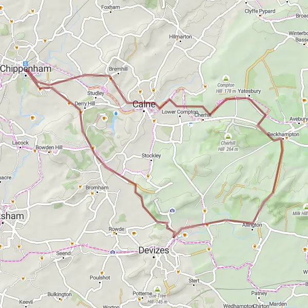 Map miniature of "Bremhill Gravel Adventure" cycling inspiration in Gloucestershire, Wiltshire and Bristol/Bath area, United Kingdom. Generated by Tarmacs.app cycling route planner