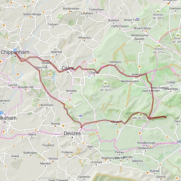 Map miniature of "Calne to Derry Hill Gravel Loop" cycling inspiration in Gloucestershire, Wiltshire and Bristol/Bath area, United Kingdom. Generated by Tarmacs.app cycling route planner