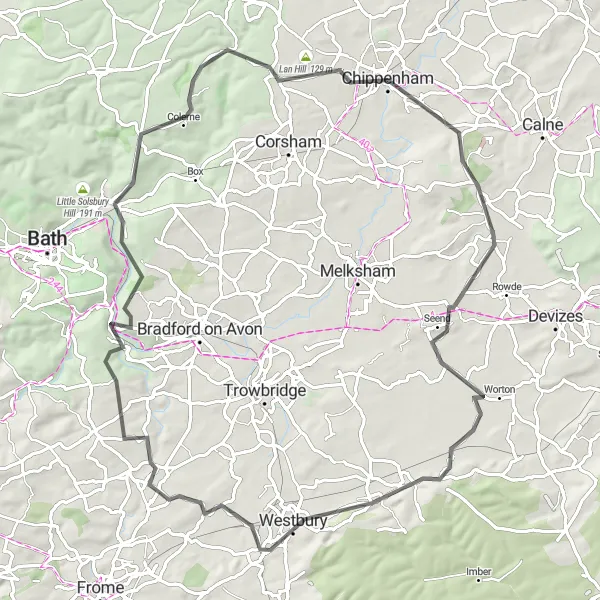 Map miniature of "Chippenham to Seend Loop" cycling inspiration in Gloucestershire, Wiltshire and Bristol/Bath area, United Kingdom. Generated by Tarmacs.app cycling route planner