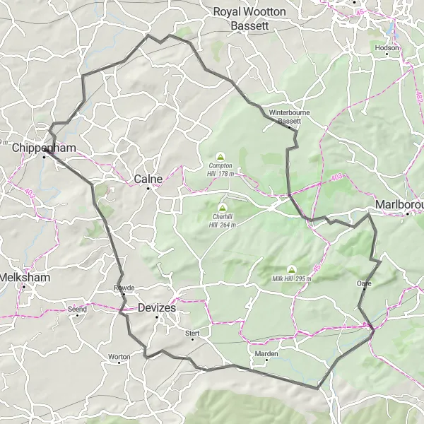 Map miniature of "Chippenham to Pewsey Road Ride" cycling inspiration in Gloucestershire, Wiltshire and Bristol/Bath area, United Kingdom. Generated by Tarmacs.app cycling route planner